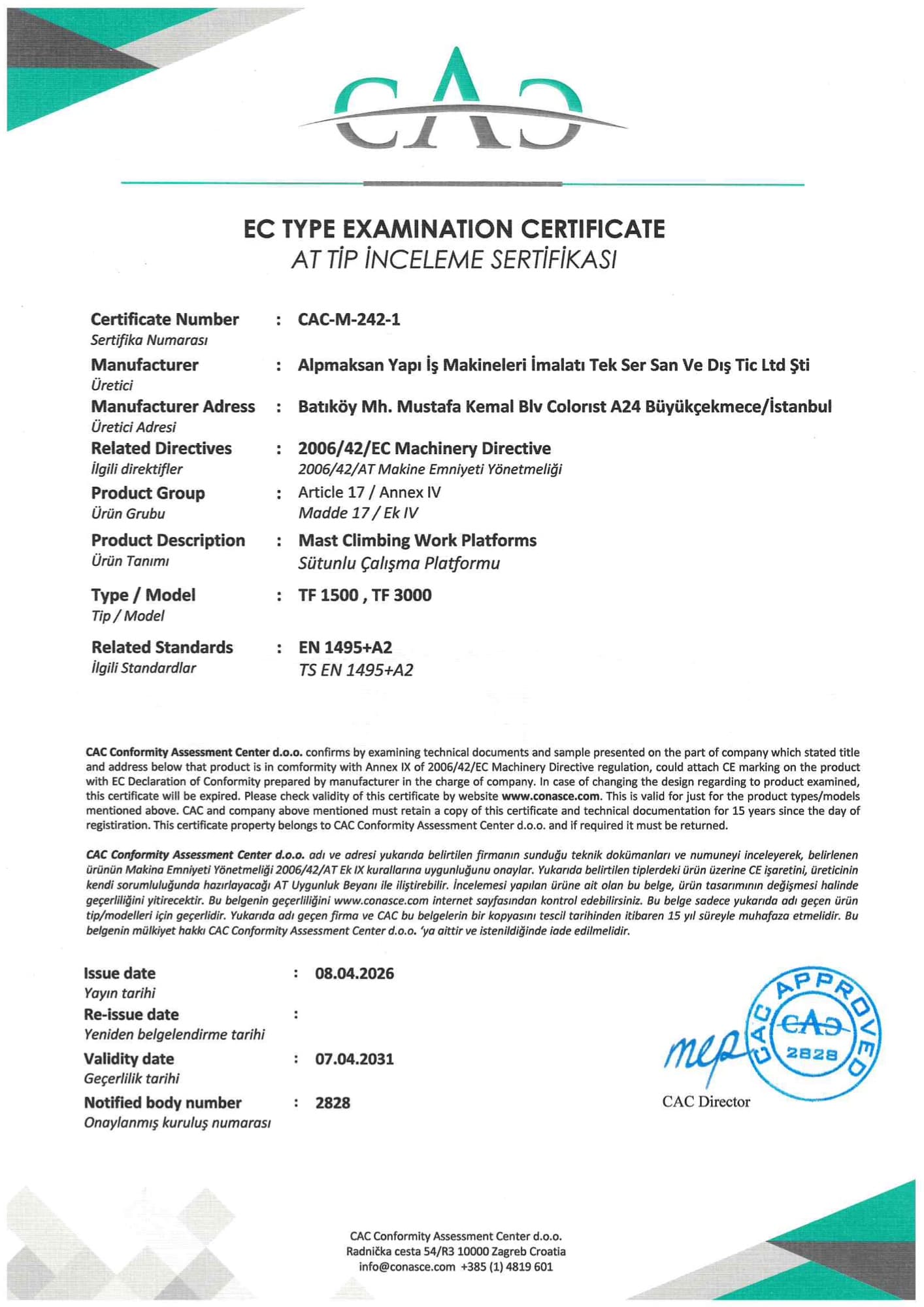 ALPMAKSAN P 1500 ve P 3000 modelleri için CAC-M-242-1 numaralı AT Tip İnceleme Sertifikası