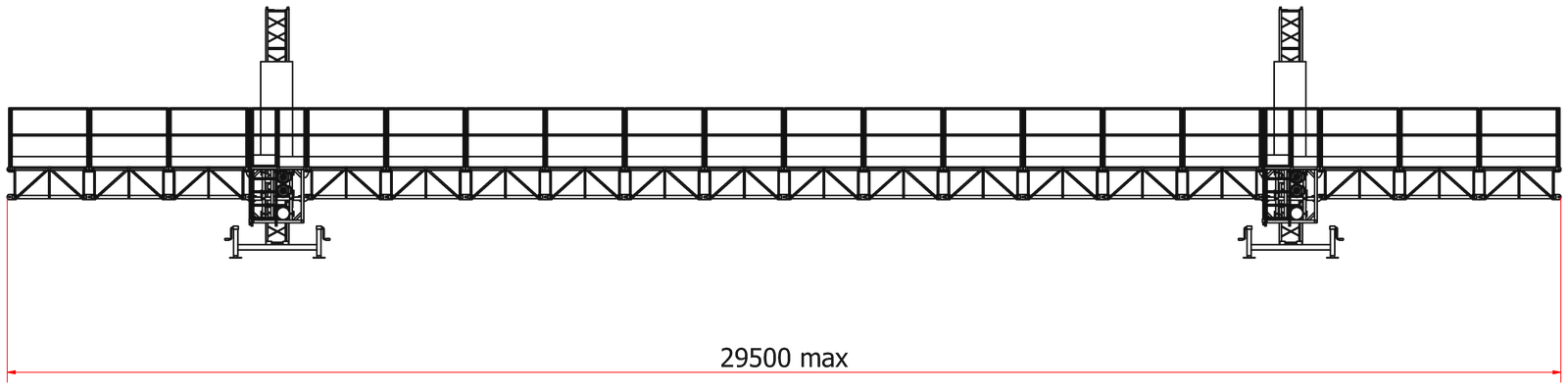 ALPMAKSAN P3000 double-mast platform front elevation drawing, 29.5 m maximum width